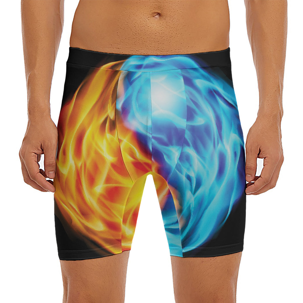 Red And Blue Fire Yin Yang Print Men's Long Boxer Briefs
