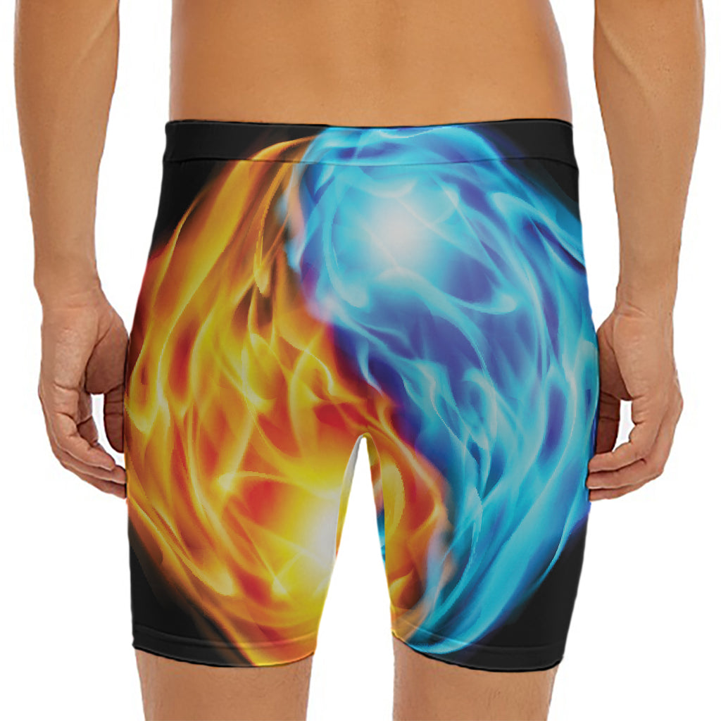 Red And Blue Fire Yin Yang Print Men's Long Boxer Briefs