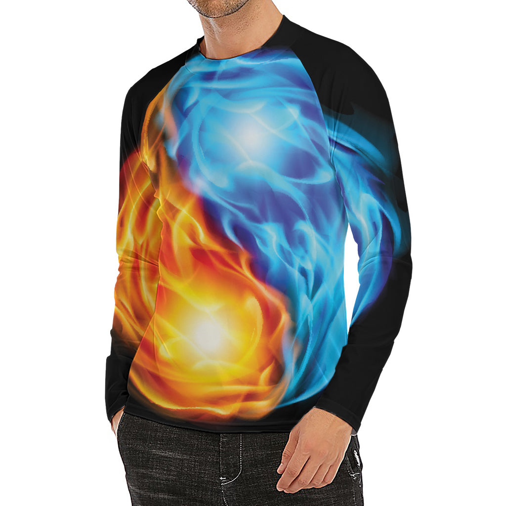 Red And Blue Fire Yin Yang Print Men's Long Sleeve Rash Guard