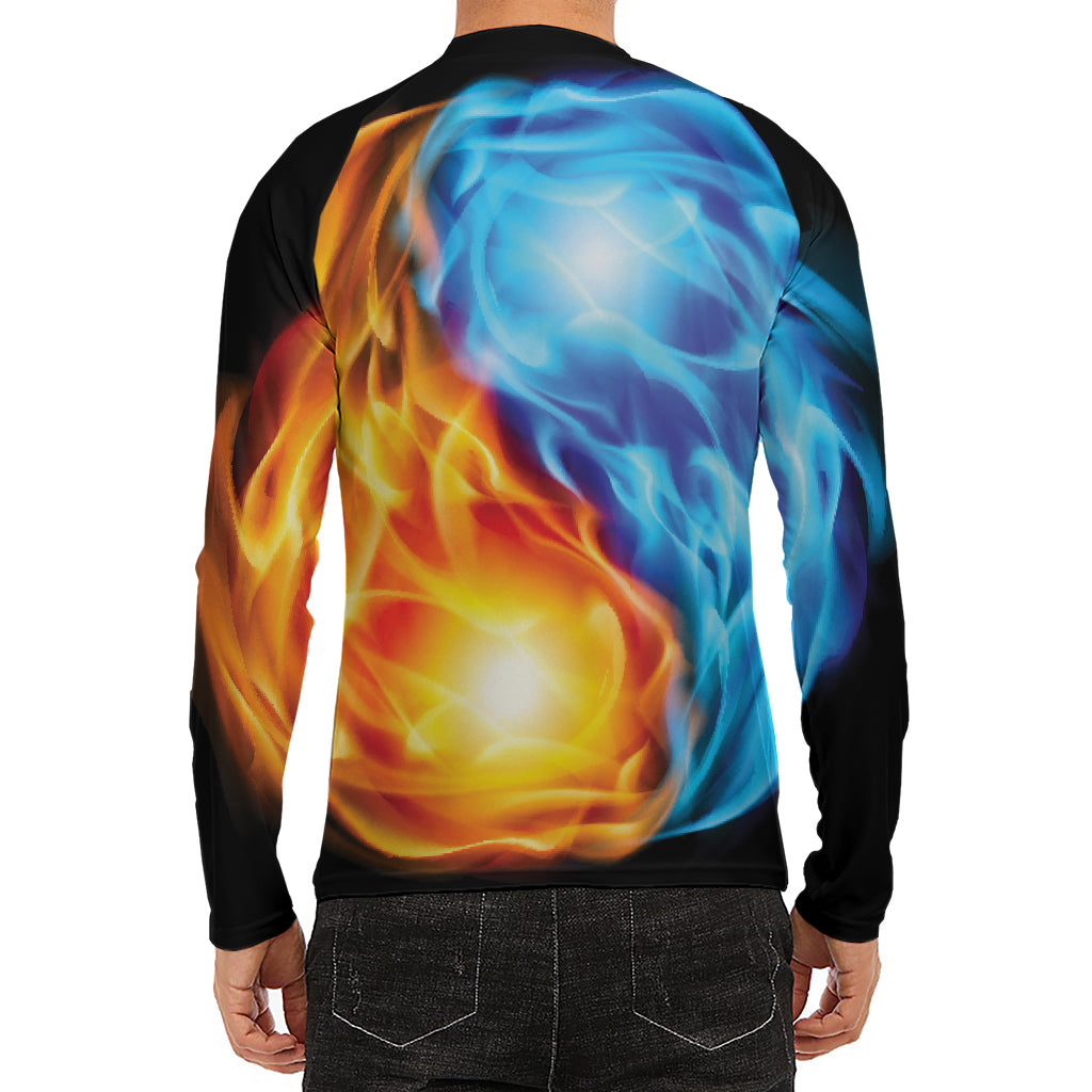 Red And Blue Fire Yin Yang Print Men's Long Sleeve Rash Guard