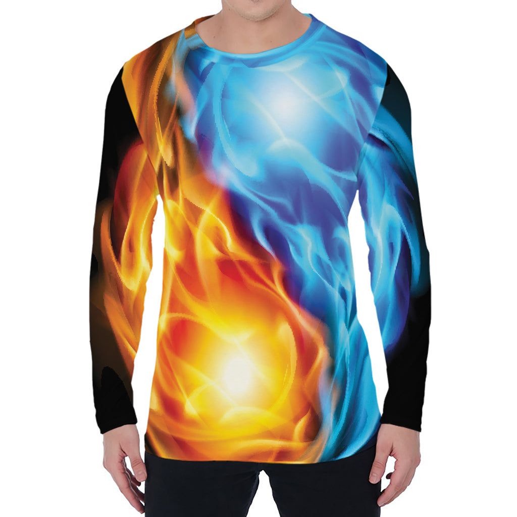 Red And Blue Fire Yin Yang Print Men's Long Sleeve T-Shirt