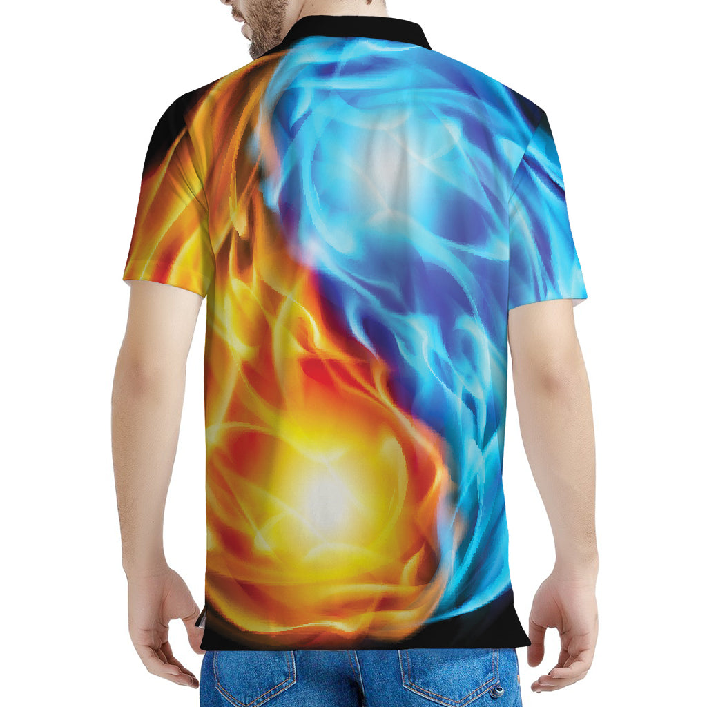Red And Blue Fire Yin Yang Print Men's Polo Shirt