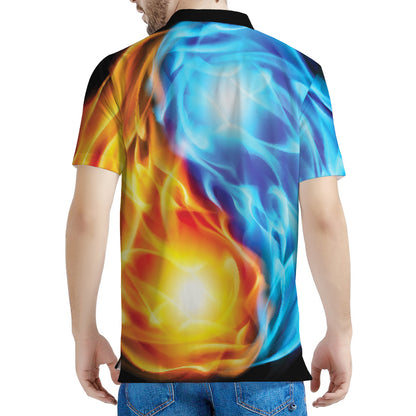 Red And Blue Fire Yin Yang Print Men's Polo Shirt