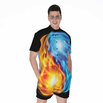 Red And Blue Fire Yin Yang Print Men's Rompers