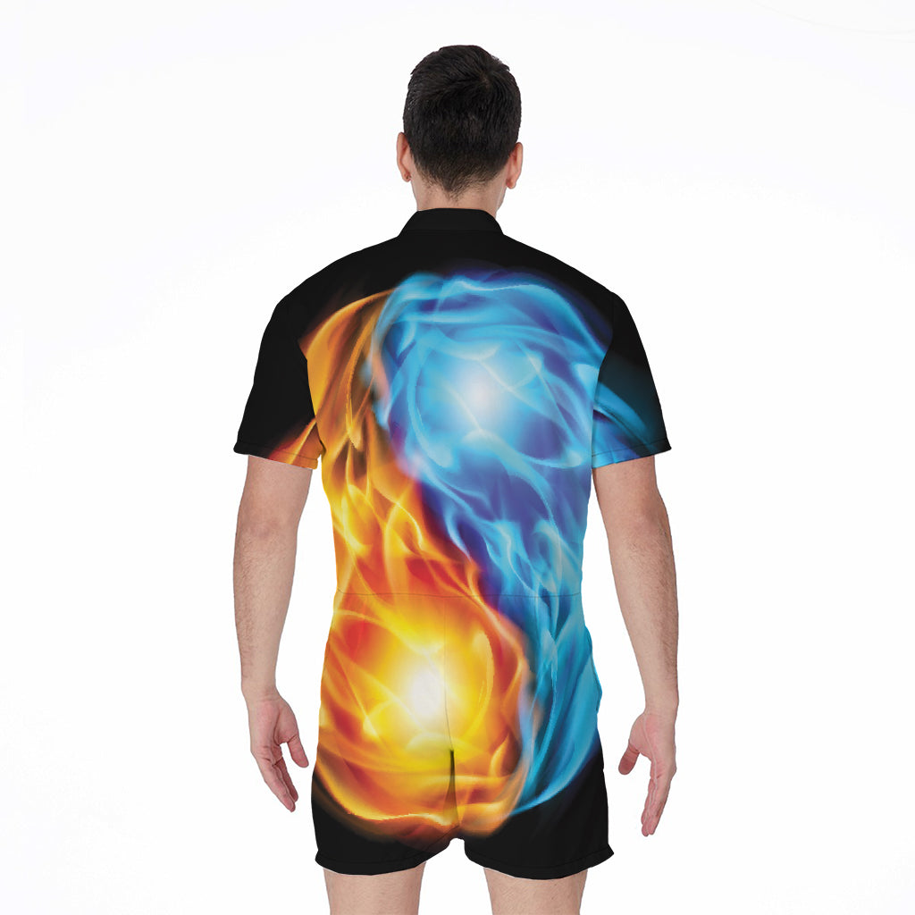 Red And Blue Fire Yin Yang Print Men's Rompers