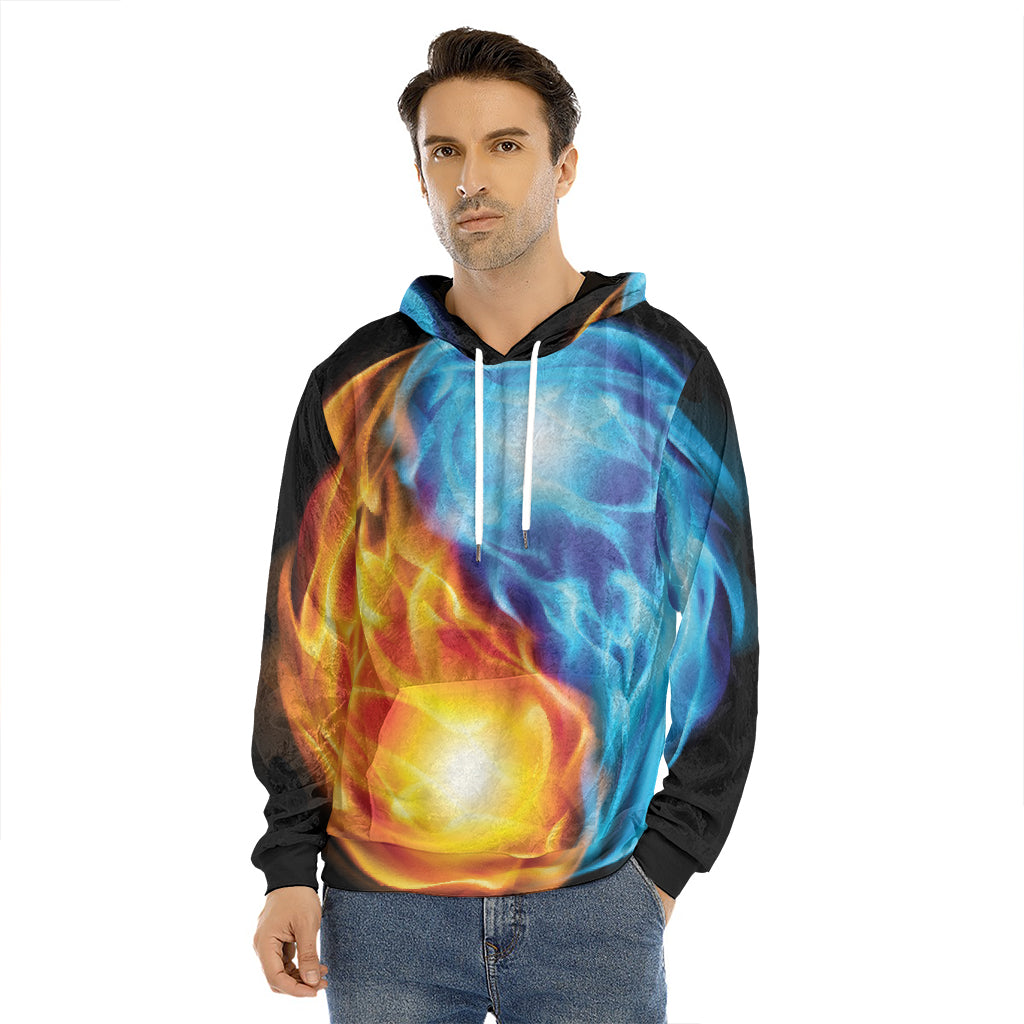 Red And Blue Fire Yin Yang Print Men's Velvet Pullover Hoodie