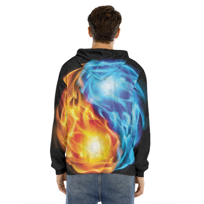 Red And Blue Fire Yin Yang Print Men's Velvet Pullover Hoodie