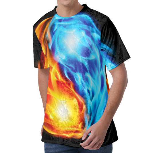 Red And Blue Fire Yin Yang Print Men's Velvet T-Shirt
