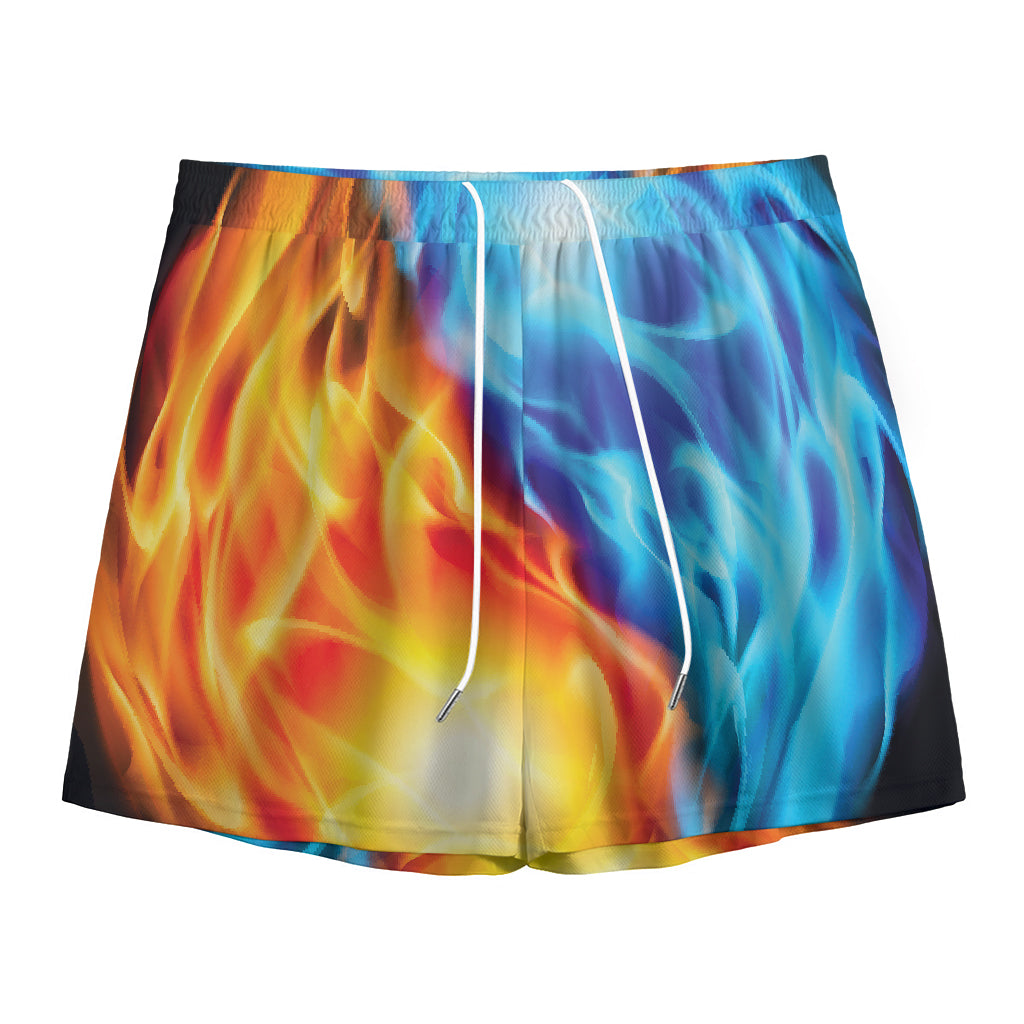 Red And Blue Fire Yin Yang Print Mesh Shorts
