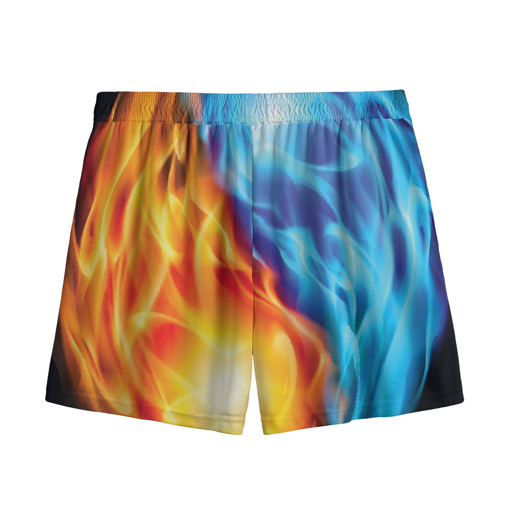 Red And Blue Fire Yin Yang Print Mesh Shorts