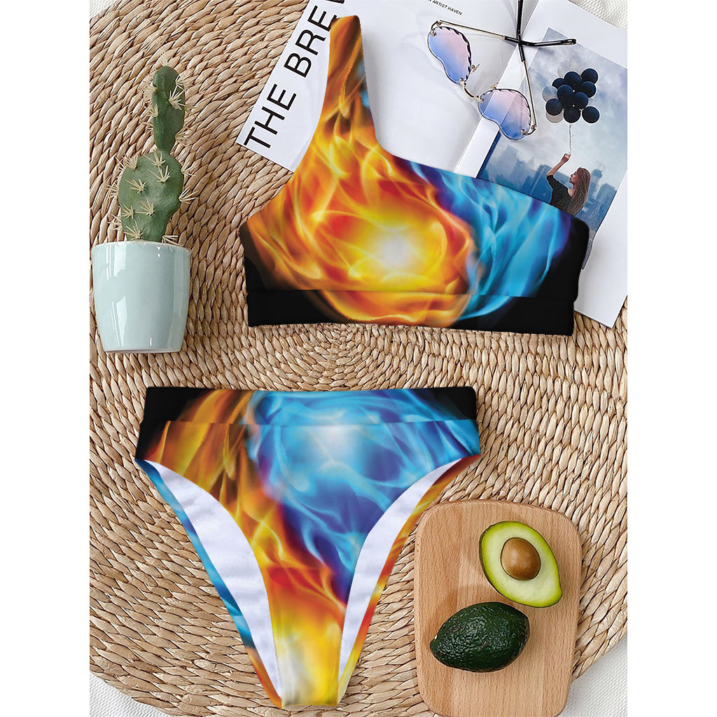 Red And Blue Fire Yin Yang Print One Shoulder Bikini Top