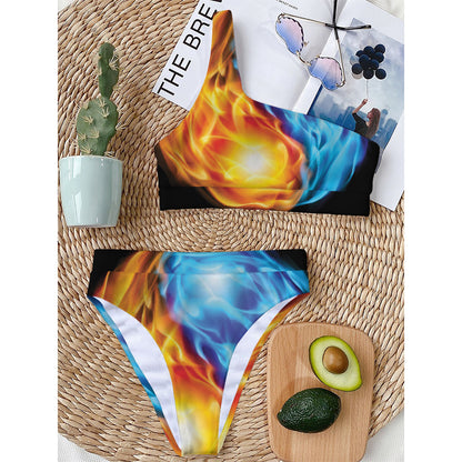 Red And Blue Fire Yin Yang Print One Shoulder Bikini Top