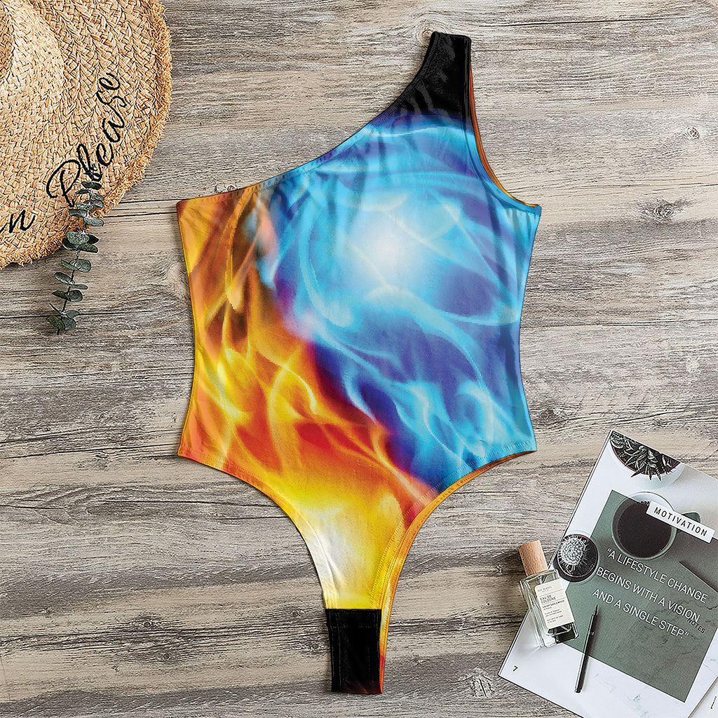 Red And Blue Fire Yin Yang Print One Shoulder Bodysuit