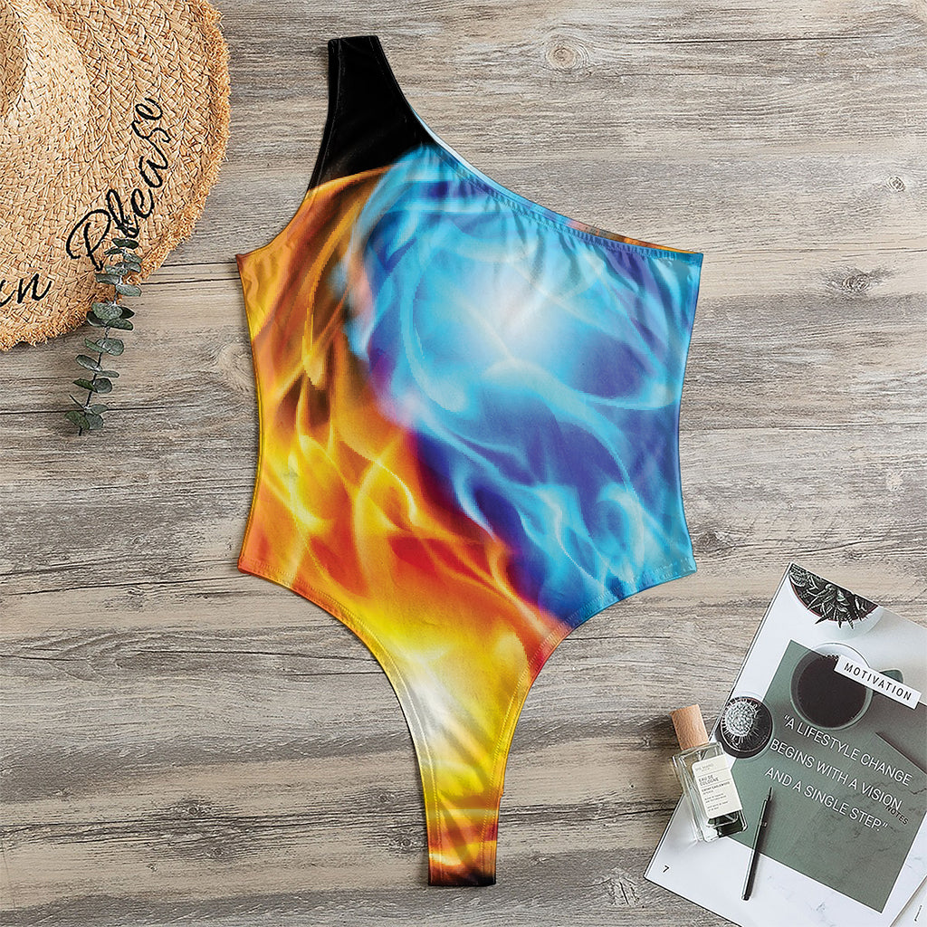 Red And Blue Fire Yin Yang Print One Shoulder Bodysuit