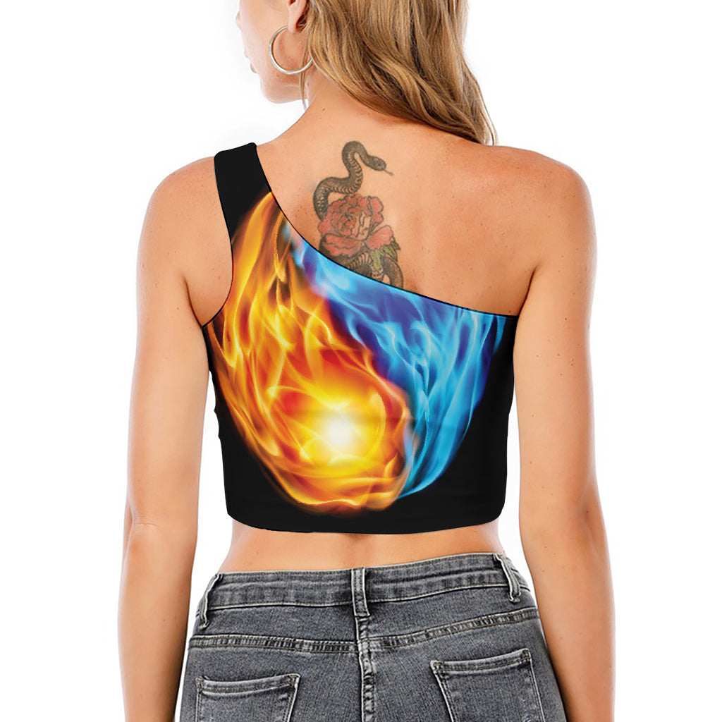 Red And Blue Fire Yin Yang Print One Shoulder Crop Top