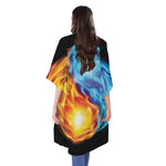 Red And Blue Fire Yin Yang Print Open Front Beach Cover Up