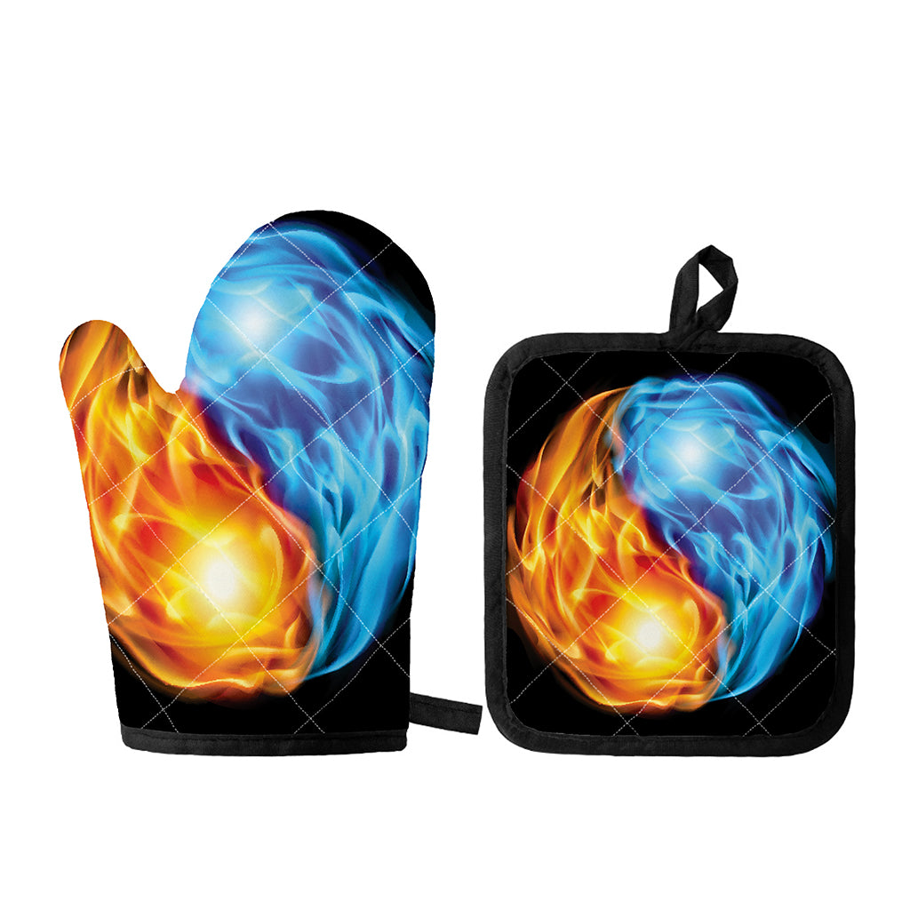 Red And Blue Fire Yin Yang Print Oven Mitt And Pot Holder Set