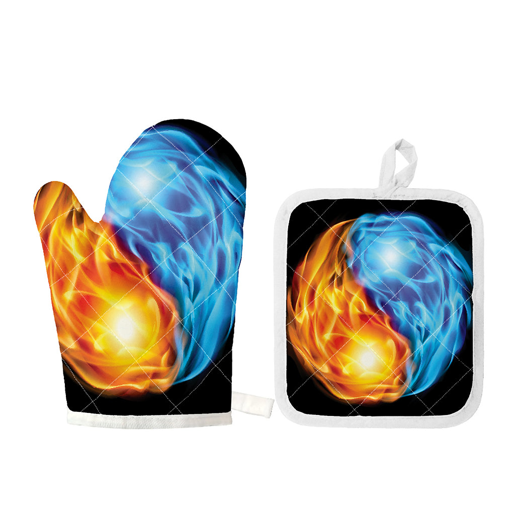 Red And Blue Fire Yin Yang Print Oven Mitt And Pot Holder Set
