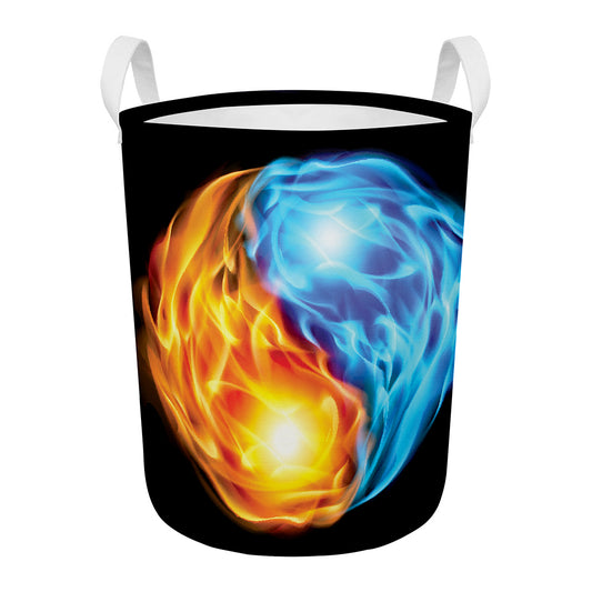Red And Blue Fire Yin Yang Print Round Laundry Basket