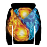 Red And Blue Fire Yin Yang Print Sherpa Lined Zip Up Hoodie