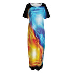 Red And Blue Fire Yin Yang Print Short Sleeve Long Nightdress