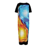 Red And Blue Fire Yin Yang Print Short Sleeve Long Nightdress