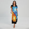 Red And Blue Fire Yin Yang Print Short Sleeve Maxi Dress