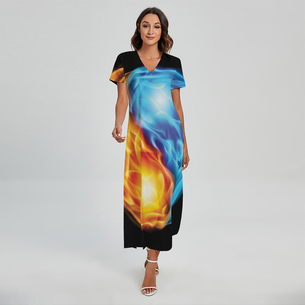 Red And Blue Fire Yin Yang Print Short Sleeve Maxi Dress