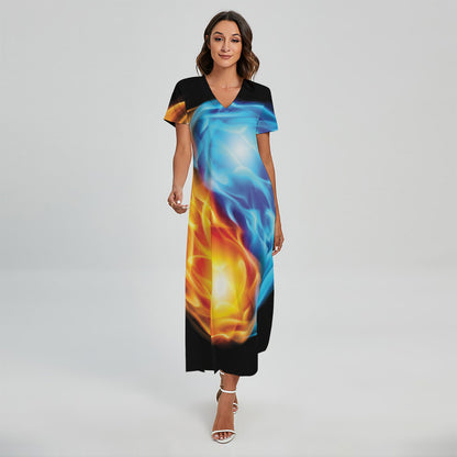Red And Blue Fire Yin Yang Print Short Sleeve Maxi Dress