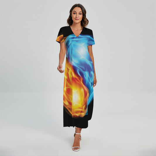 Red And Blue Fire Yin Yang Print Short Sleeve Maxi Dress