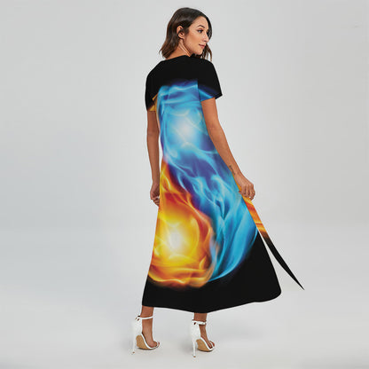 Red And Blue Fire Yin Yang Print Short Sleeve Maxi Dress