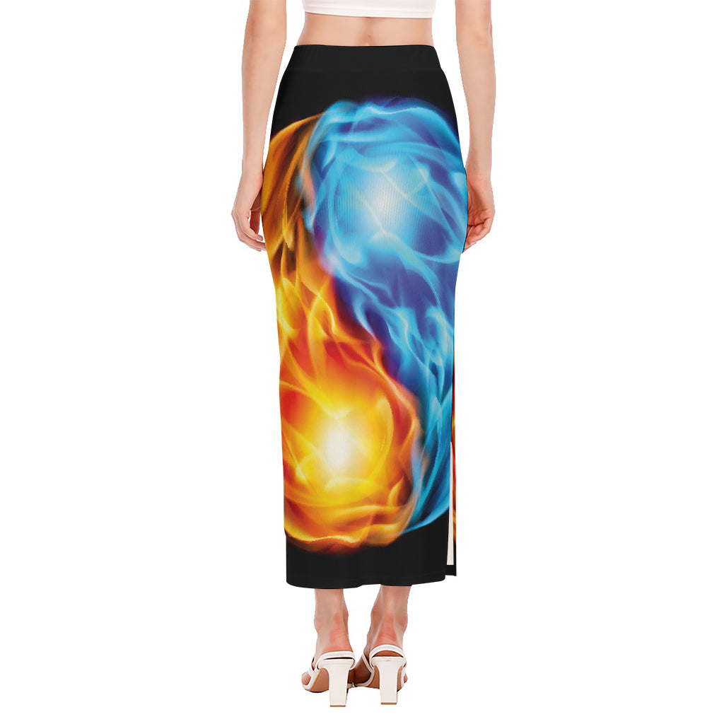Red And Blue Fire Yin Yang Print Side Slit Maxi Skirt