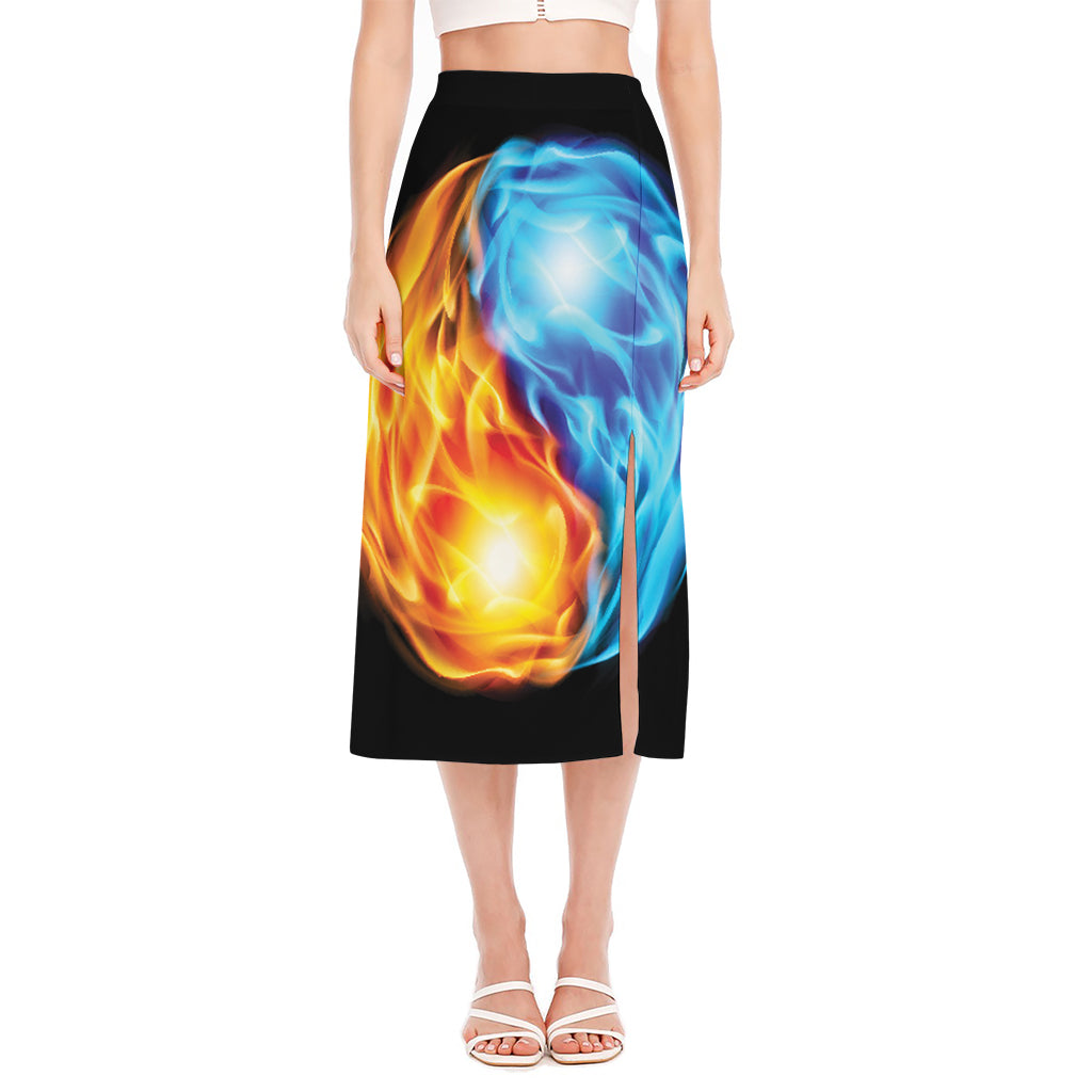 Red And Blue Fire Yin Yang Print Side Slit Midi Skirt