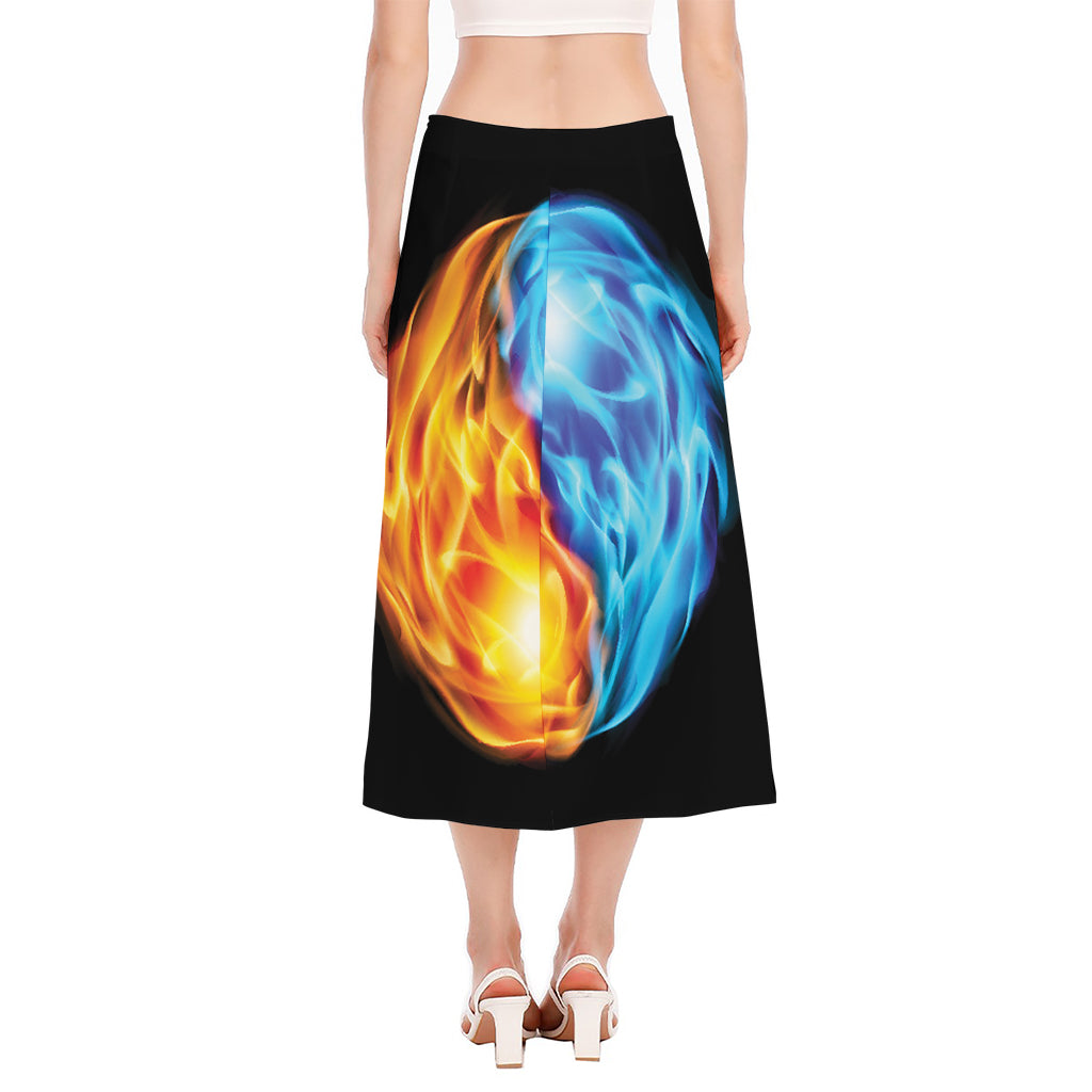 Red And Blue Fire Yin Yang Print Side Slit Midi Skirt
