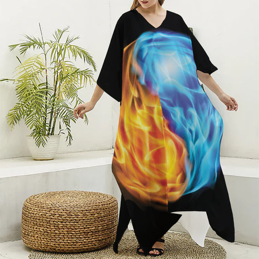 Red And Blue Fire Yin Yang Print Silk V-Neck Kaftan Dress