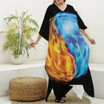 Red And Blue Fire Yin Yang Print Silk V-Neck Kaftan Dress
