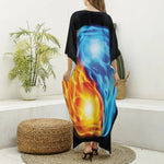 Red And Blue Fire Yin Yang Print Silk V-Neck Kaftan Dress