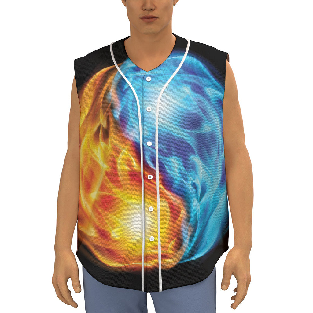 Red And Blue Fire Yin Yang Print Sleeveless Baseball Jersey