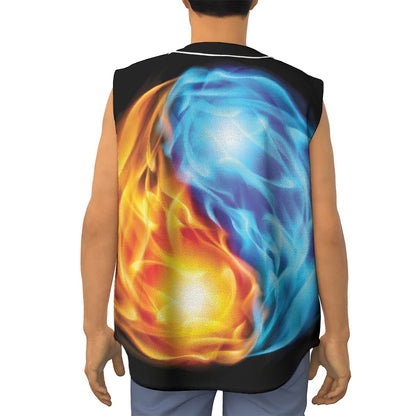 Red And Blue Fire Yin Yang Print Sleeveless Baseball Jersey