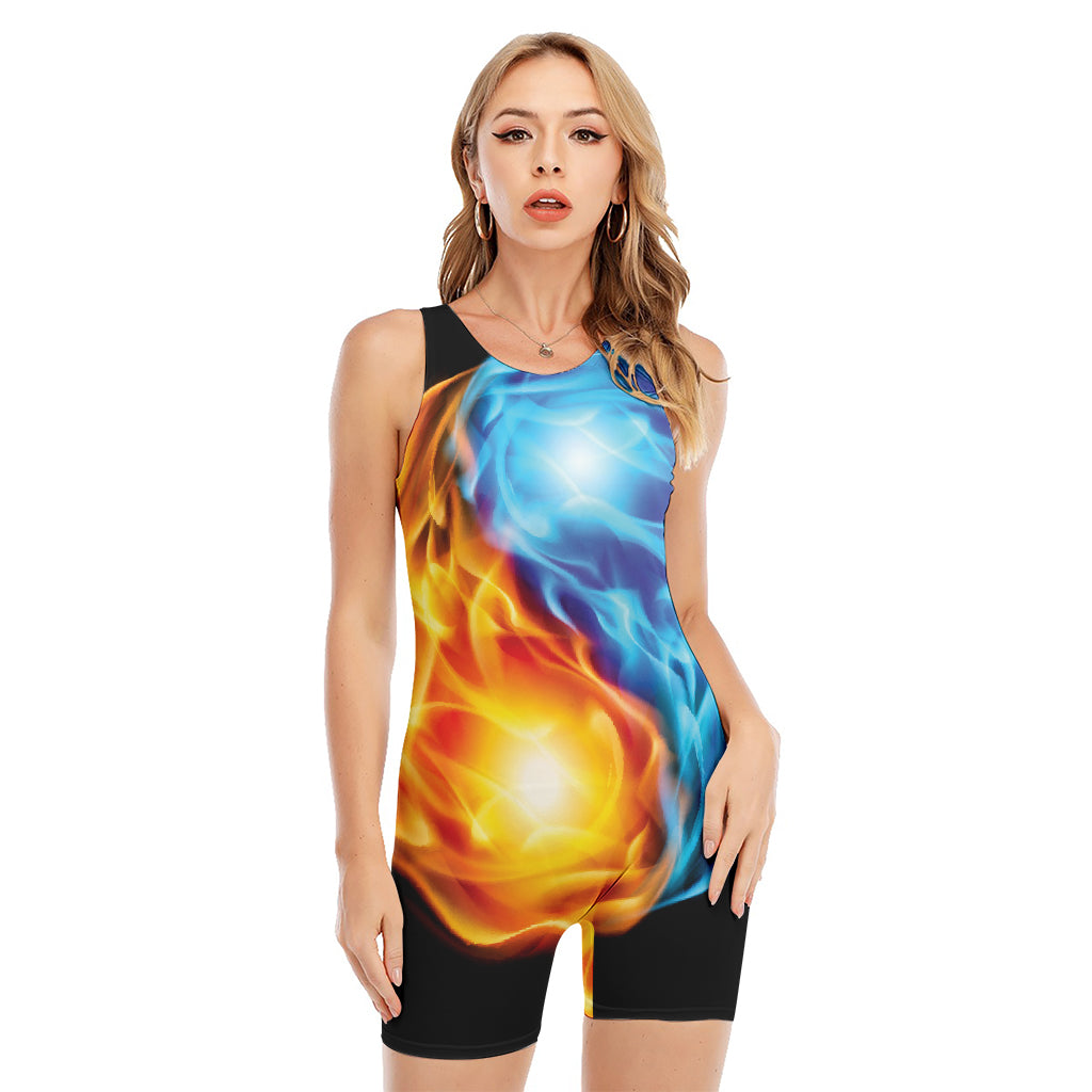 Red And Blue Fire Yin Yang Print Sleeveless One Piece Swimsuit