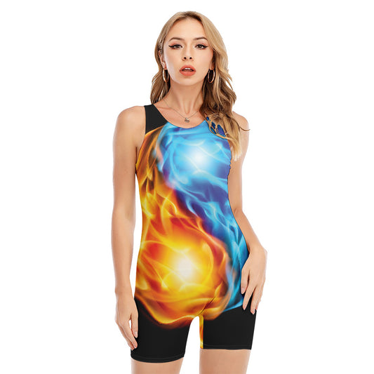 Red And Blue Fire Yin Yang Print Sleeveless One Piece Swimsuit