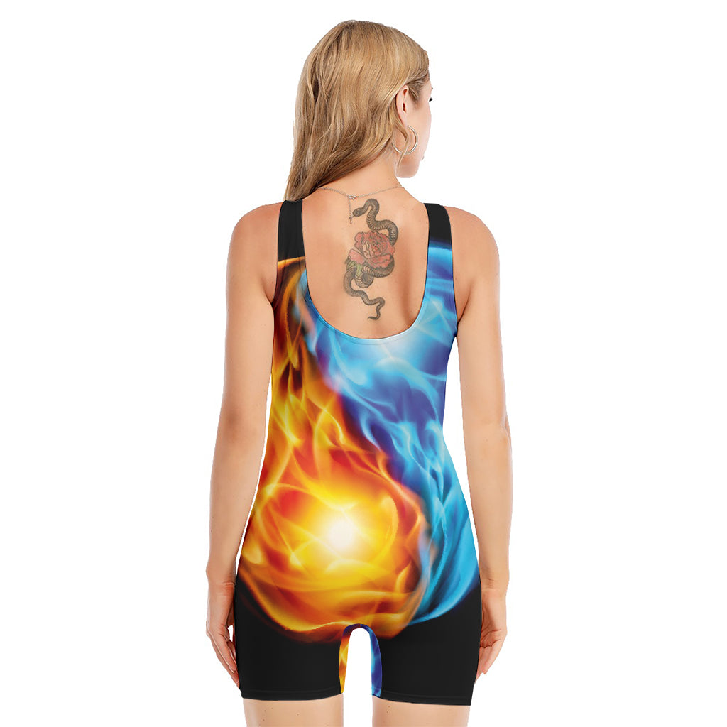 Red And Blue Fire Yin Yang Print Sleeveless One Piece Swimsuit