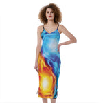 Red And Blue Fire Yin Yang Print Slim Fit Midi Cami Dress
