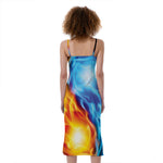 Red And Blue Fire Yin Yang Print Slim Fit Midi Cami Dress