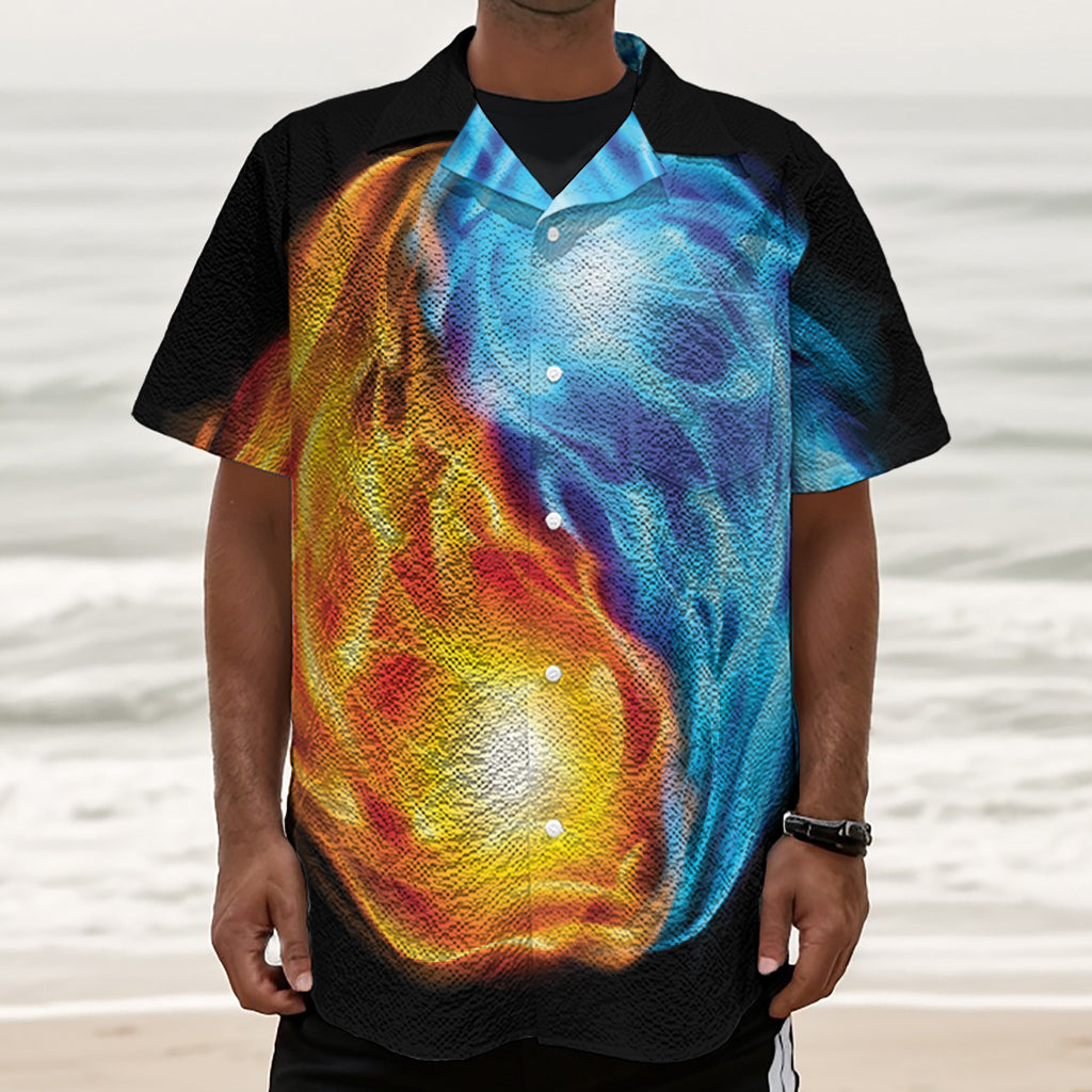 Red And Blue Fire Yin Yang Print Textured Short Sleeve Shirt