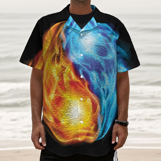 Red And Blue Fire Yin Yang Print Textured Short Sleeve Shirt