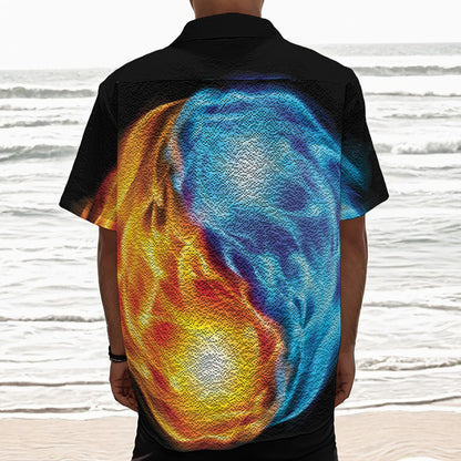 Red And Blue Fire Yin Yang Print Textured Short Sleeve Shirt