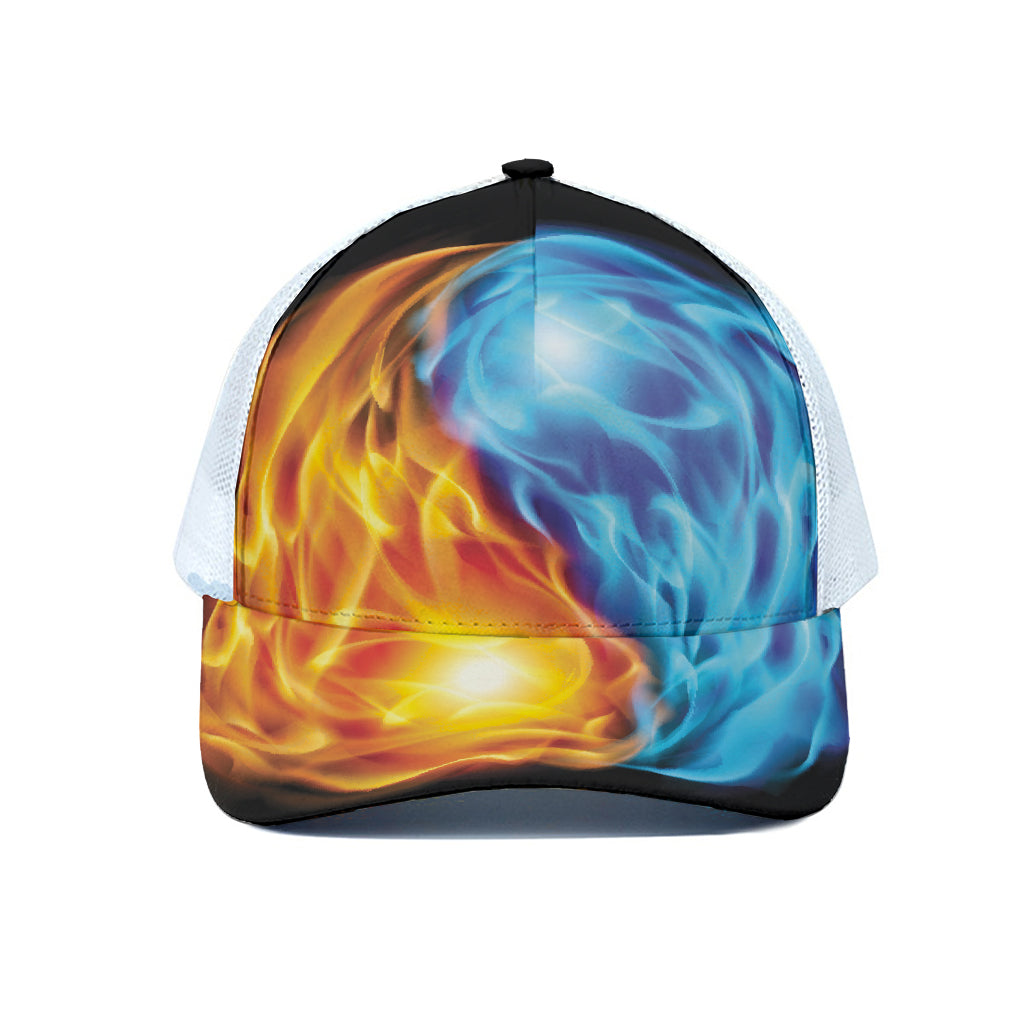 Red And Blue Fire Yin Yang Print White Mesh Trucker Cap