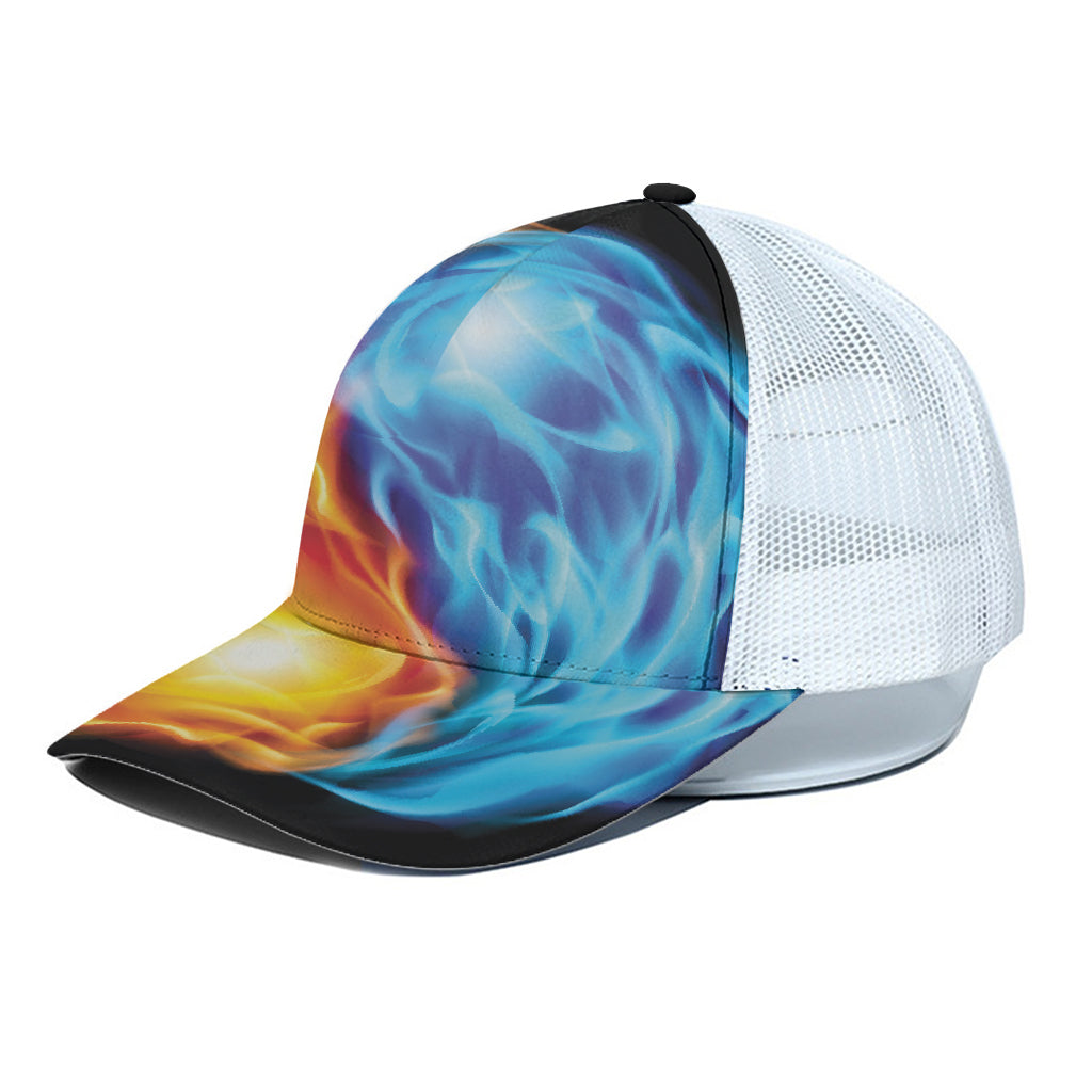 Red And Blue Fire Yin Yang Print White Mesh Trucker Cap