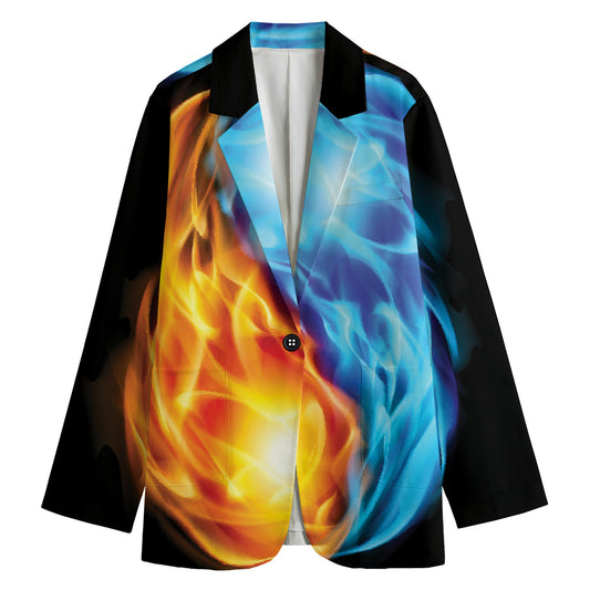 Red And Blue Fire Yin Yang Print Women's Cotton Blazer